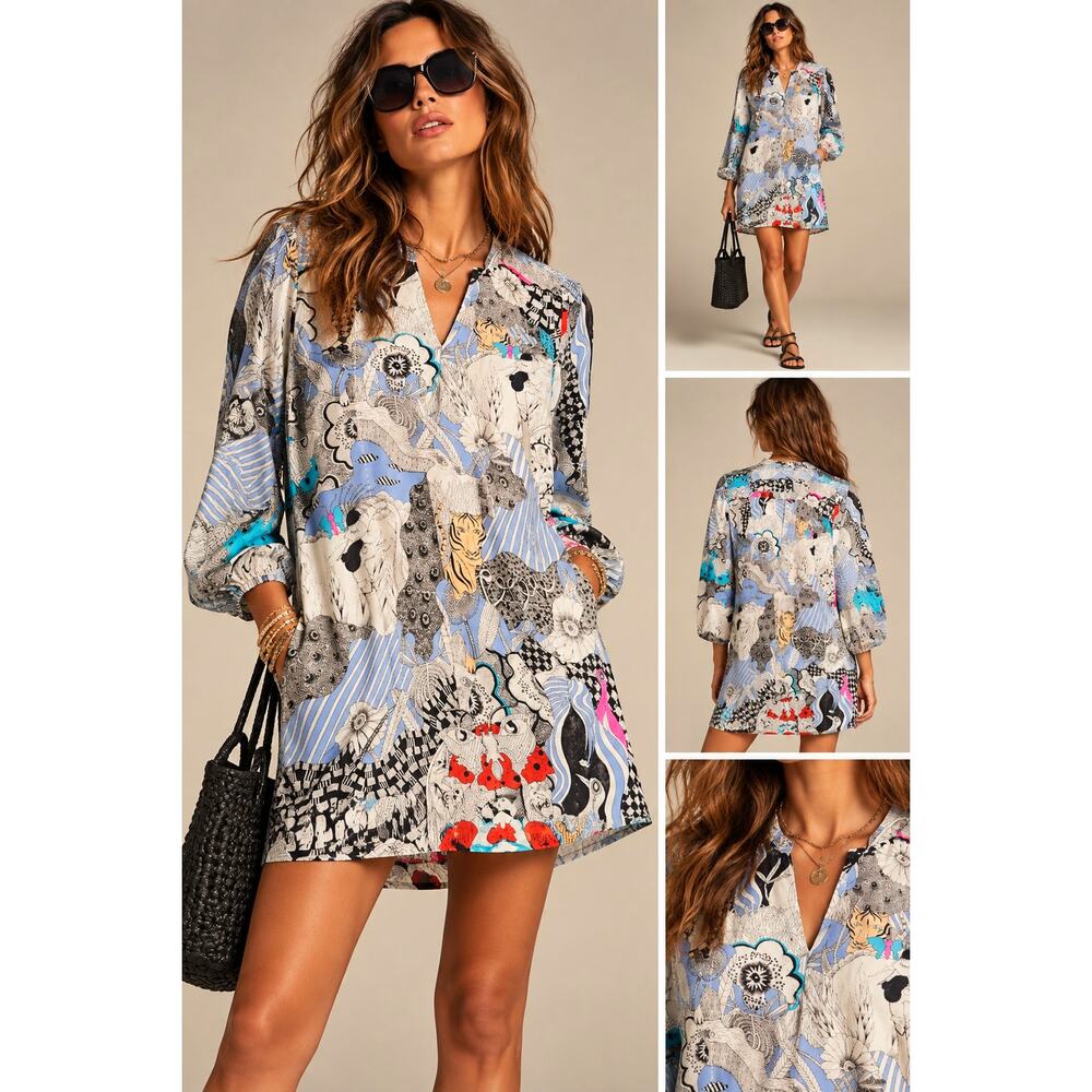 Anthropologie Florence Balducci 100% Silk Illustrated Tunic Mini Dress L